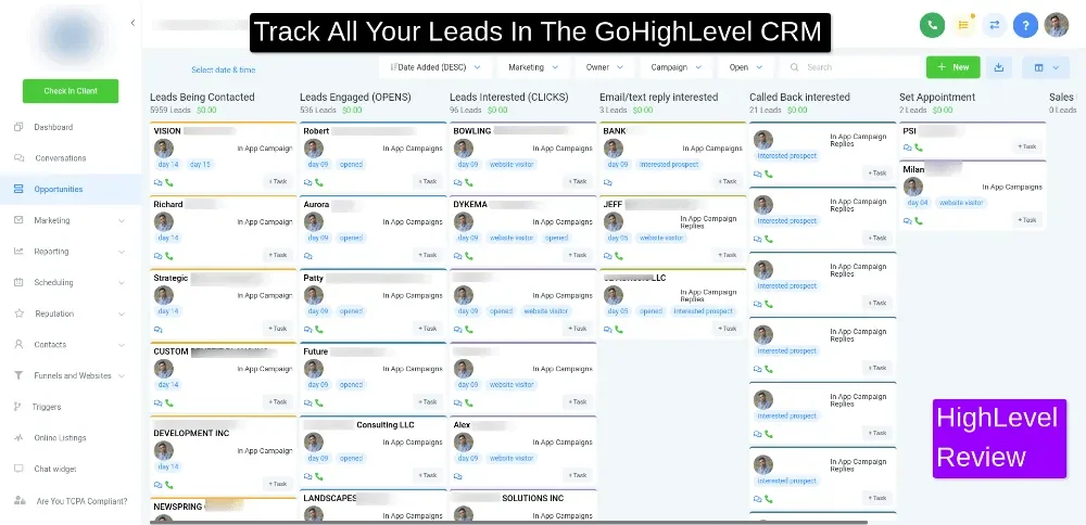 Kanban-style GoHighLevel CRM board tracking sales leads across engagement stages.