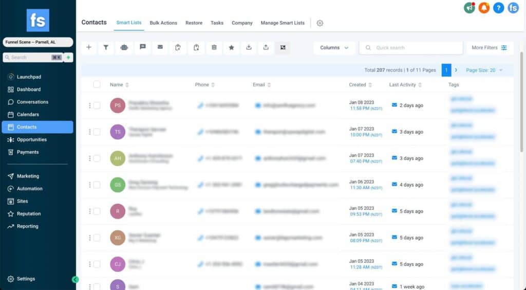 CRM contacts table with blurred details and sidebar navigation menu highlighted.