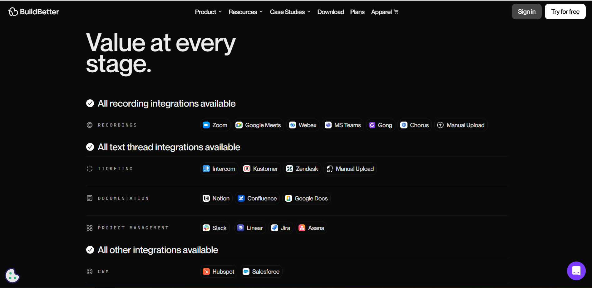 BuildBetter integrations page listing recording, text, project management, and CRM platforms.