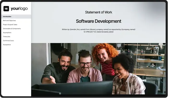 Software development statement-of-work template featuring cheering office team photo.