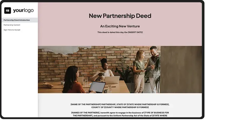 Partnership deed template showing team collaborating in trendy exposed-brick workspace.