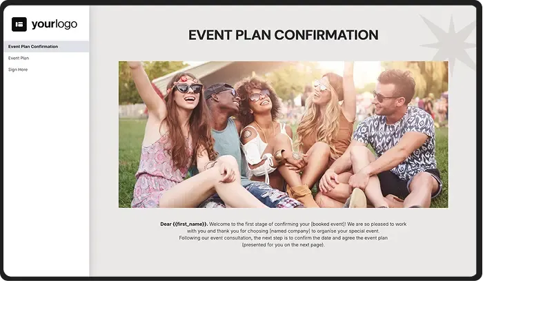 Event plan confirmation template headlined by joyful friends relaxing at outdoor festival.