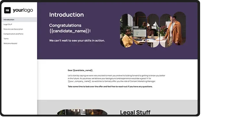 Job offer introduction template congratulating candidate with modern purple design.