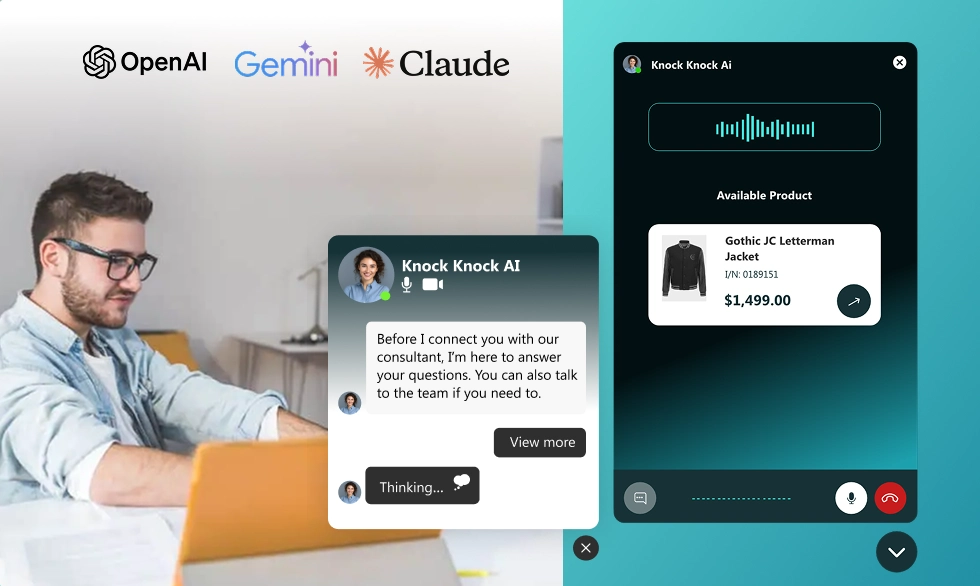 Man using laptop next to AI chat bot product showcase interface.